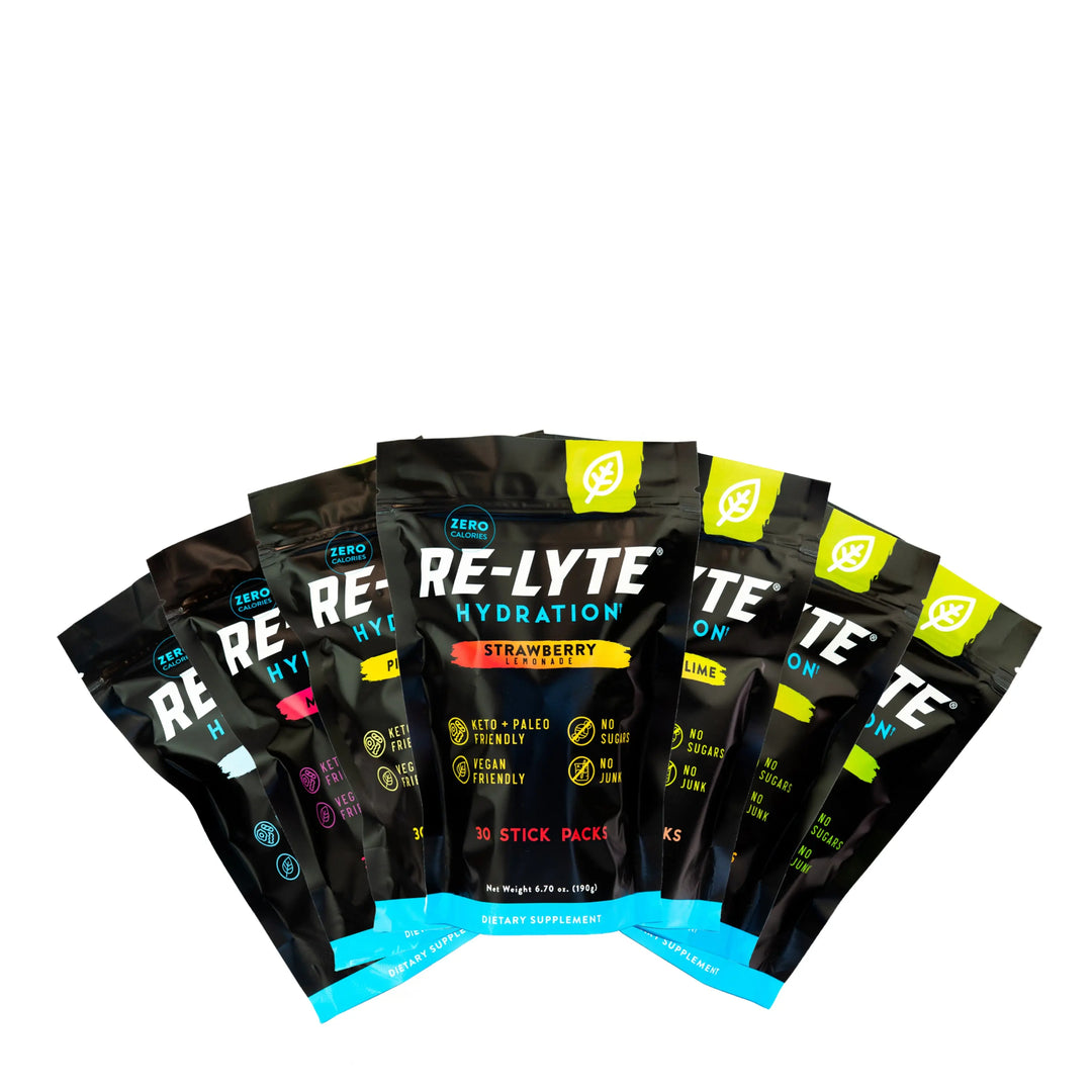 Zero Calorie Electrolyte Mix – RE-LYTE Hydration Variety Pack with 30 stick packs for hydration and essential electrolytes.