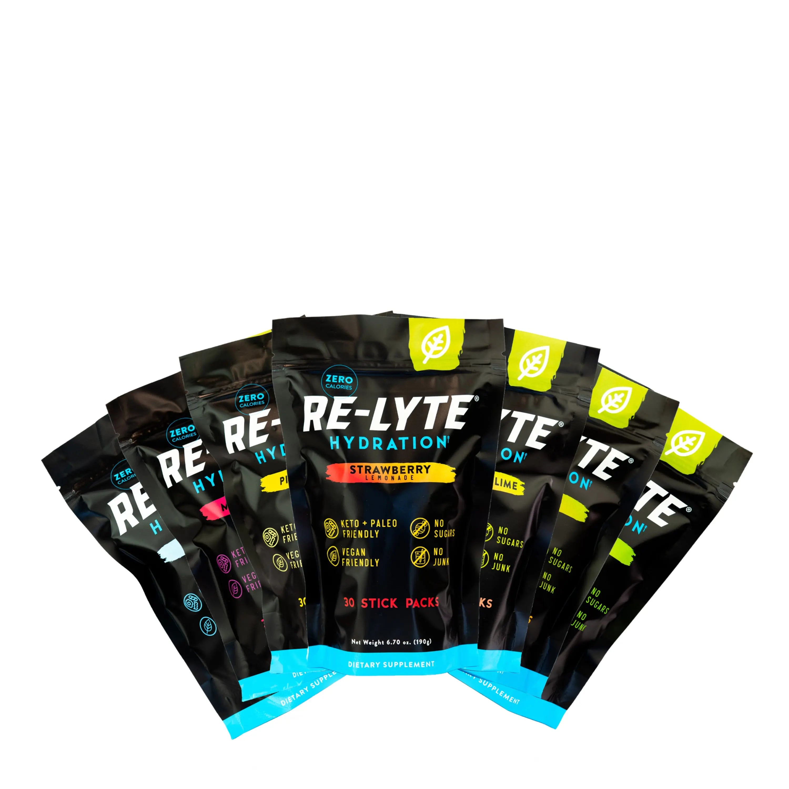 Zero Calorie Electrolyte Mix – RE-LYTE Hydration Variety Pack with 30 stick packs for hydration and essential electrolytes.