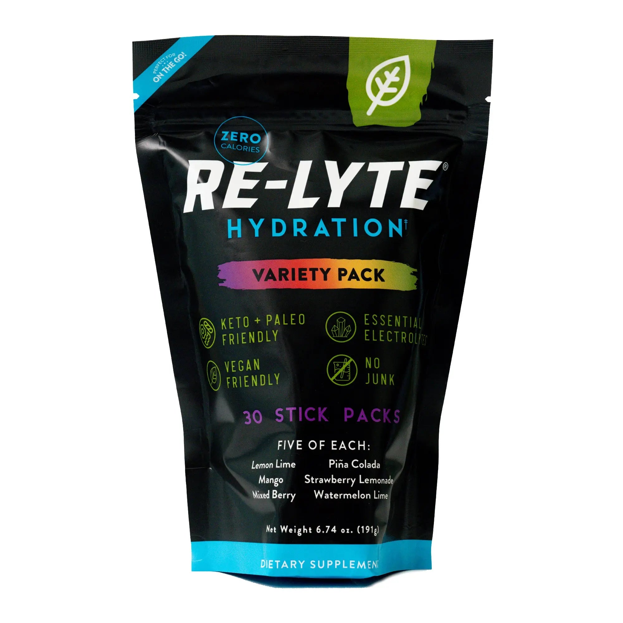 Zero Calorie Electrolyte Mix – RE-LYTE Hydration Variety Pack with 30 stick packs for hydration and essential electrolytes.