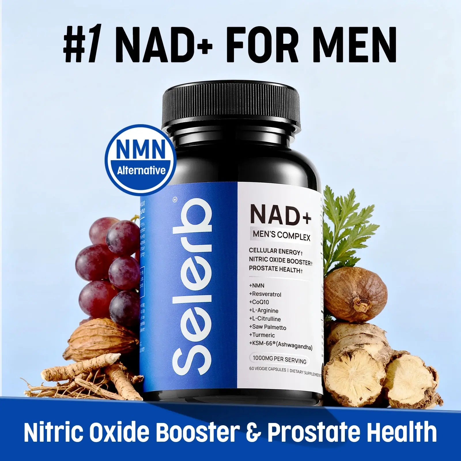 NitroCore NAD cellular optimization supplement bottle for men's wellness and energy support.