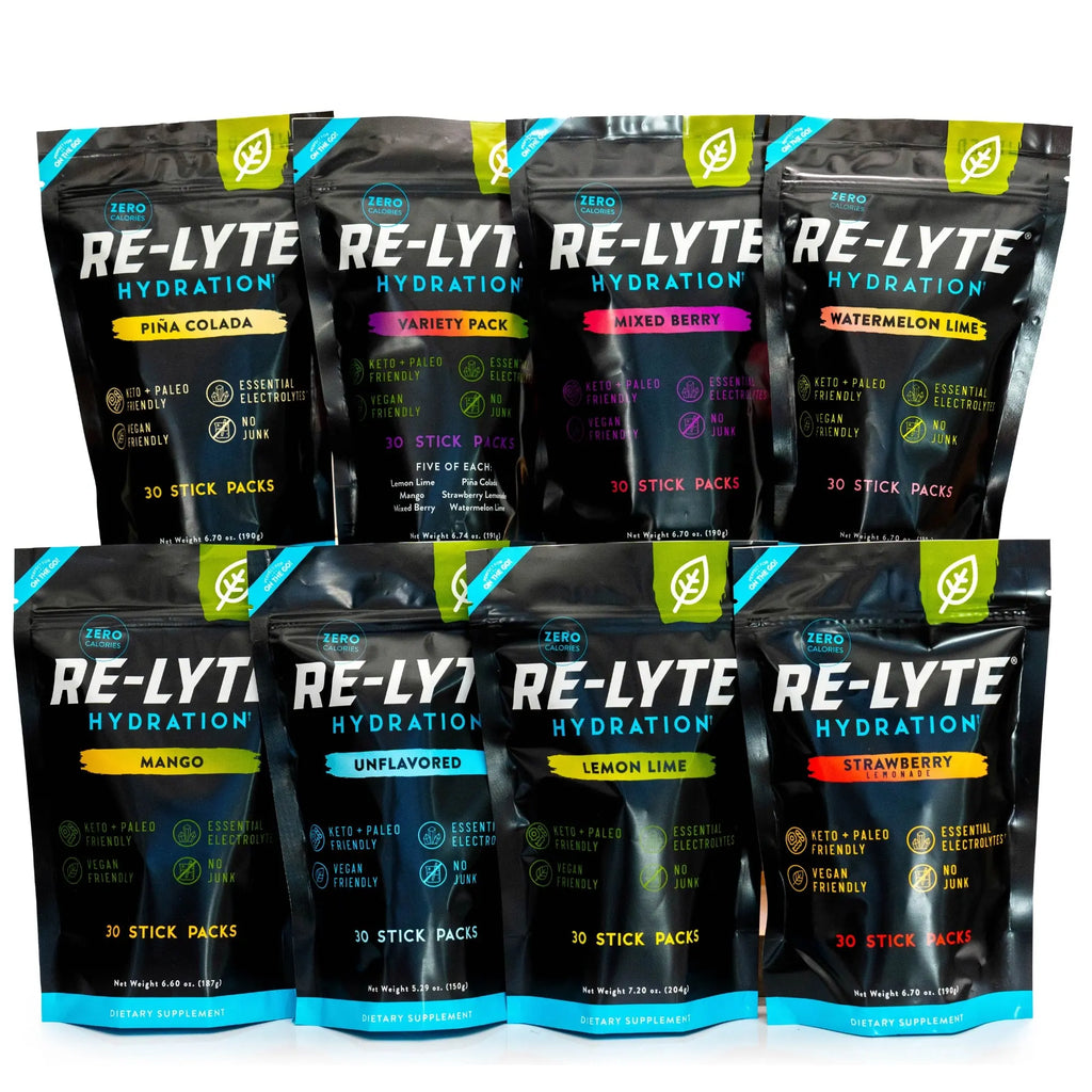 Zero Calorie Electrolyte Mix – RE-LYTE Hydration Variety Pack with 30 stick packs for hydration and essential electrolytes.