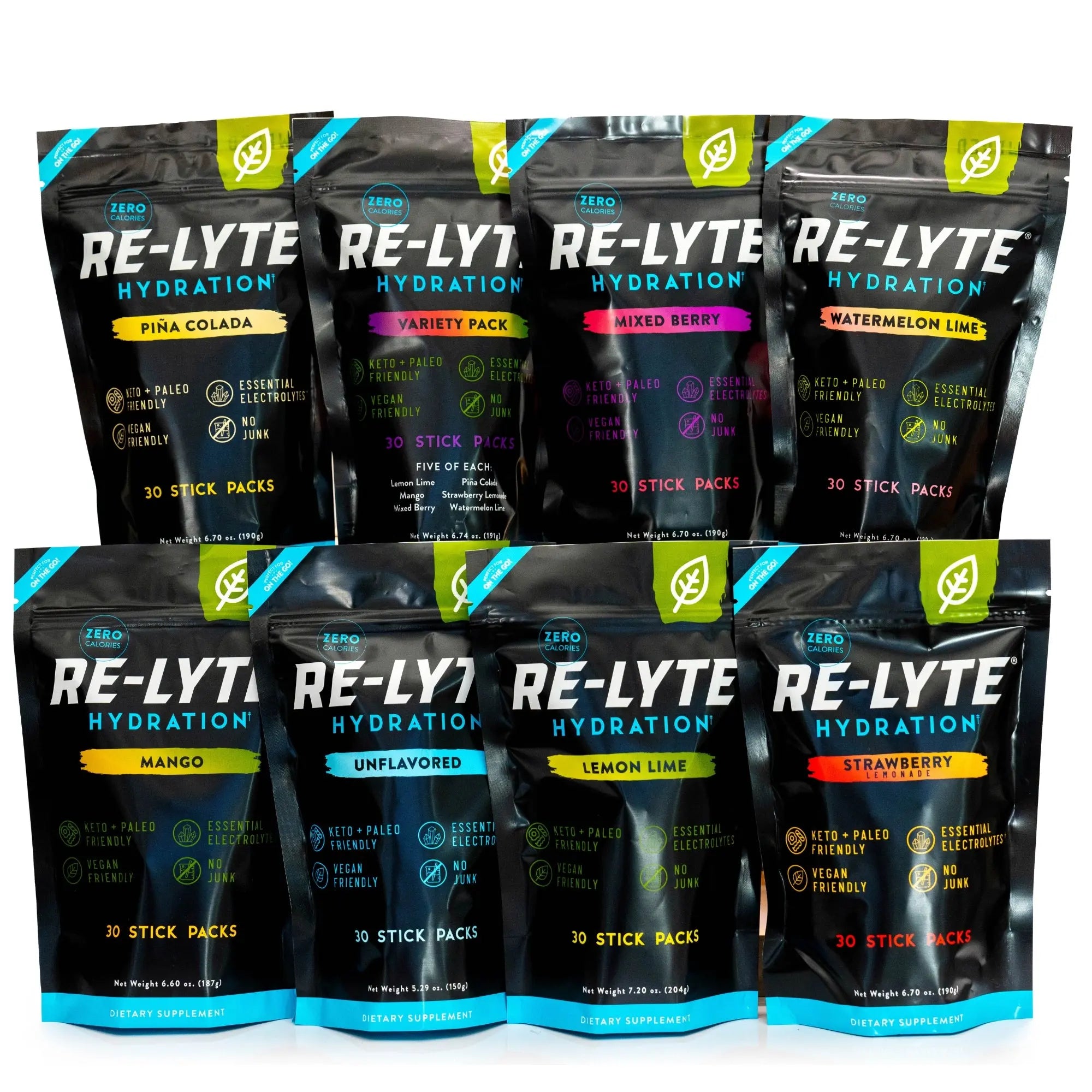 Zero Calorie Electrolyte Mix – RE-LYTE Hydration Variety Pack with 30 stick packs for hydration and essential electrolytes.