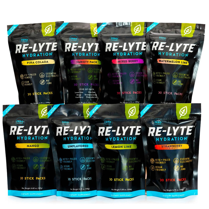 Zero Calorie Electrolyte Mix – RE-LYTE Hydration Variety Pack with 30 stick packs for hydration and essential electrolytes.
